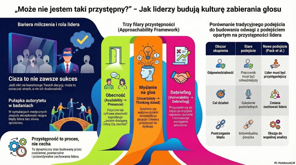 Trzy filary przystępności lidera/ki: obecność (Presence), myślenie na głos (Thinking Aloud), debriefing (Vulnerability).