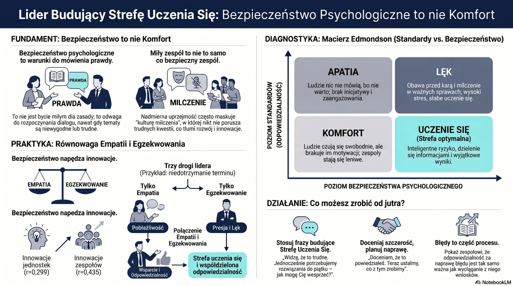 Lider budujący strefę uczenia się: bezpieczeństwo psychologiczne to nie komfort. Podsumowanie artykułu: prawda vs milczenie, równowaga empatii i egzekwowania, macierz Edmondson, co możesz zrobić od jutra?