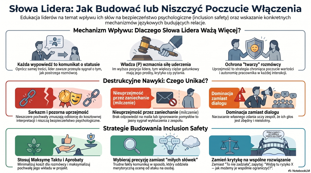 Słowa lidera - jak niszczyć lub budować poczucie włączenia. Dlaczego słowa lidera znaczą więcej? Destrukcyjne nawyki językowe. Strategie budowania bezpieczeństwa włączenia.