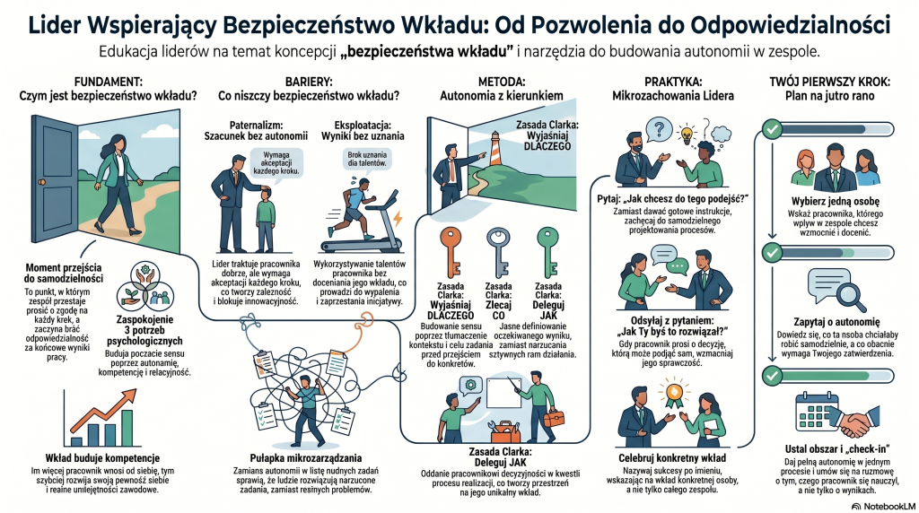 Lider wspierający bezpieczeństwo wkładu: od pozwolenia do odpowiedzialności. Czym jest bezpieczeństwo wkładu? Co niszczy bezpieczeństwo wkładu? Autonomia + kierunek. Mikrozachowania lidera. Plan na jutro rano. 