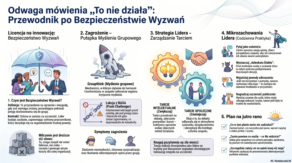 Odwaga mówienia "to nie działa": przewodnik dla lidera. Czym jest bezpieczeństwo wyzwań? Pułapka grupowego myślenia. Zarządzanie tarciem społecznym i intelektualnym. Mikrozachowani lidera. Plan na jutro.